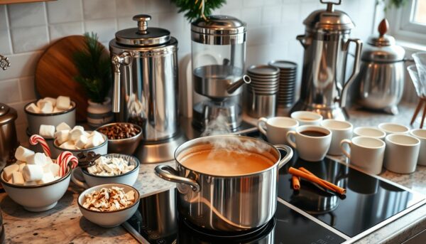 A cozy, well-lit kitchen counter showcases an assortment of gleaming, stainless steel hot cocoa bar equipment. In the foreground, a large, steaming pot of rich, creamy hot chocolate sits atop a sleek induction cooktop, its warm aroma wafting through the air. Surrounding it are an array of whimsical toppings and mix-ins, including a variety of artisanal marshmallows, crushed peppermint sticks, chocolate shavings, and cinnamon sticks, all neatly arranged in polished ceramic bowls. In the middle ground, a vintage-inspired hot chocolate dispenser with intricate detailing stands ready to serve up perfectly tempered cups of the decadent beverage. In the background, a collection of festive mugs and elegant glassware await, creating a cozy and inviting atmosphere perfect for a cozy winter gathering.