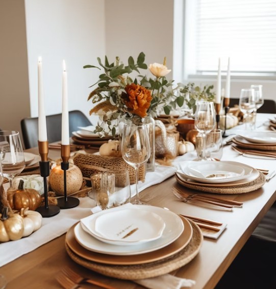 Table set for a Pinterest-worthy dinner party. Rich wood table set with layered charger and plates, modest floral arrangement in the center, candles dispersed evenly. 