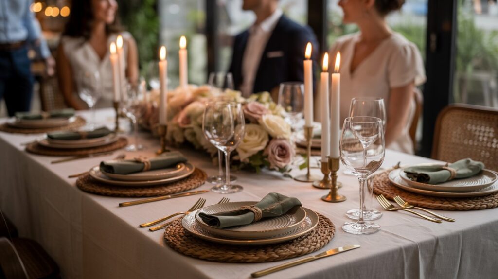 Warmly-lit scene with friends gathered around a candlelit table set with tablecloth, layered plates and low centerpiece. 