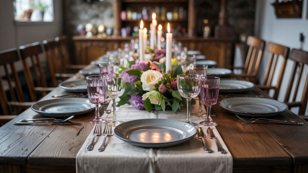 Warm rich setting with wood dining room table set for a dinner party. Warm candles burning.
