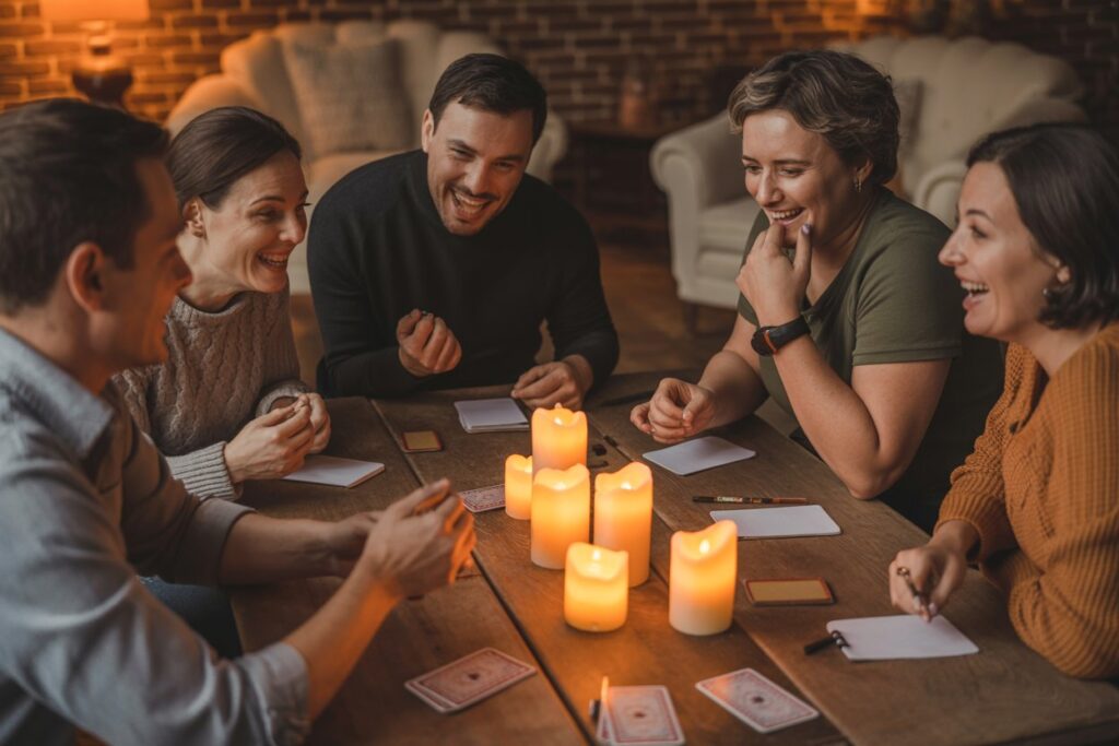 Friends gathered around a rustic wood table engaged in a card game by candlelight. 