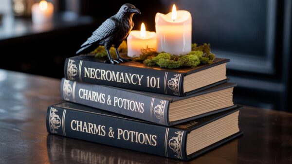 Stack of faux black spellbooks labeled “Necromancy 101,” “Charms & Potions,” topped with glowing pillar candles, green moss, and a black raven on a dark wood table. Perfect Halloween Decoration.