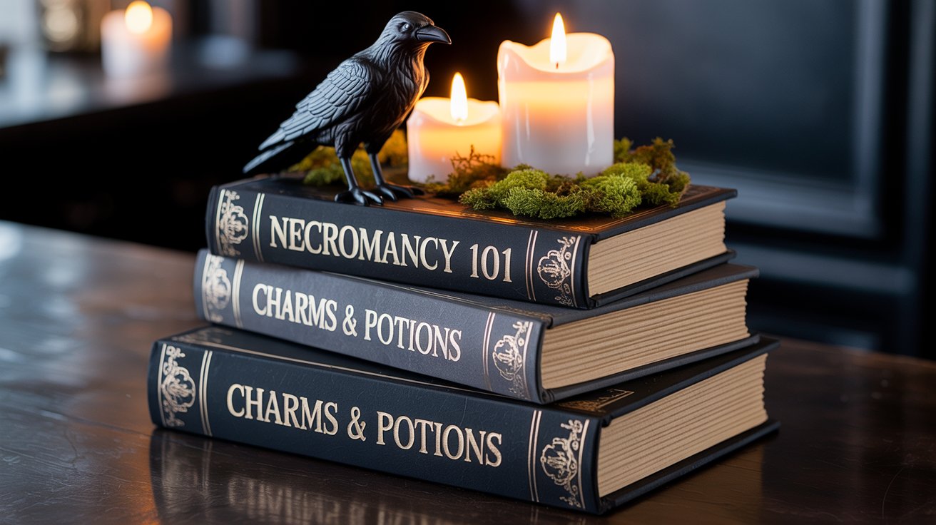 Stack of faux black spellbooks labeled “Necromancy 101,” “Charms & Potions,” topped with glowing pillar candles, green moss, and a black raven on a dark wood table. Perfect Halloween Decoration.