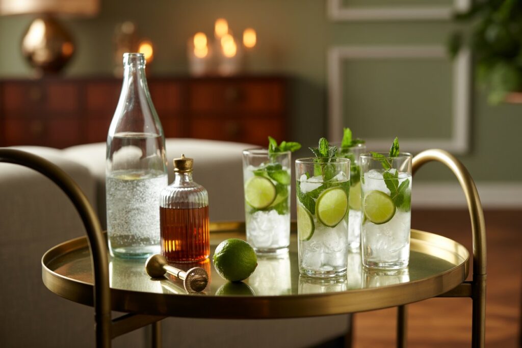 Stylish brushed gold bar cart with display of mojito cocktails in clear glasses with ice, lime and a sprig of mint. 