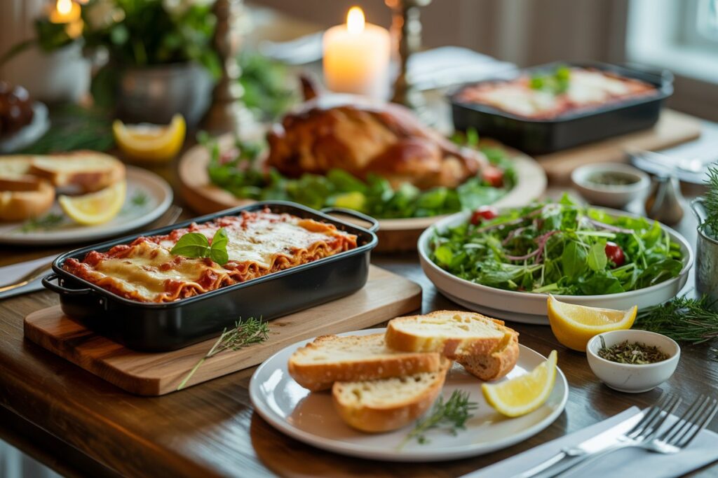 Pinterest-worthy image of a delicious buffet with pasta and salad on warm table, candlelight in the background. 