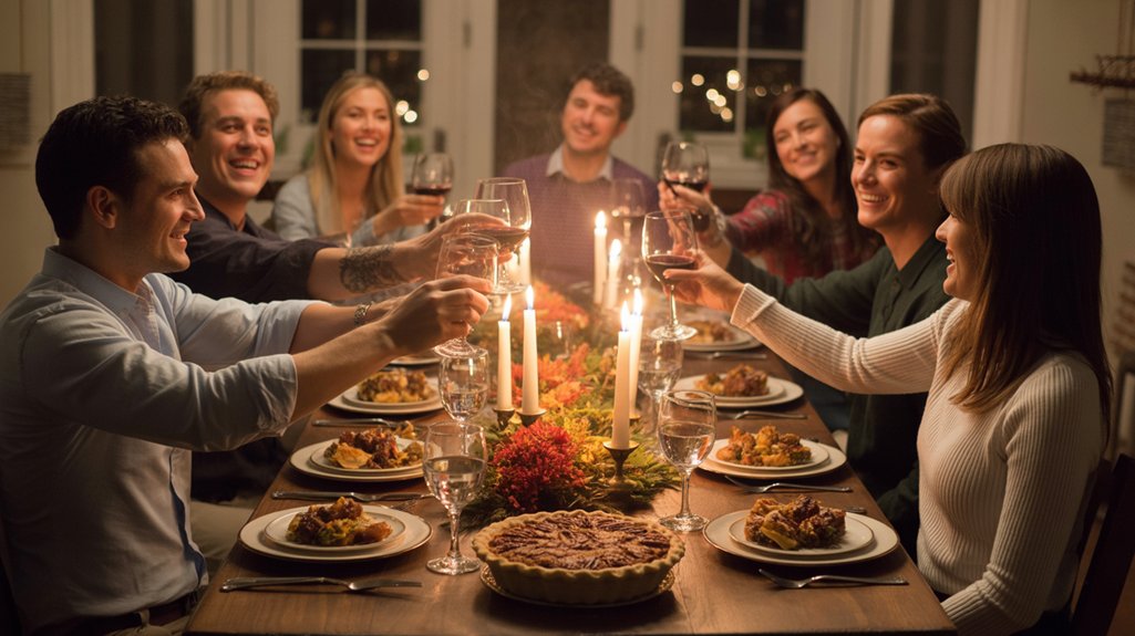 Friendsgiving dinner party with friends gathered around a cozy friendsgiving dinner table, raising glasses in a festive toast with candles and pie in the center.