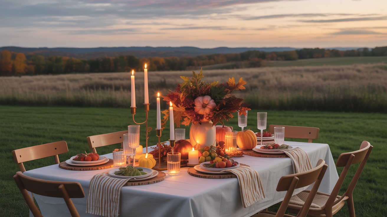 Elegant outdoor fall dinner table with candles, flowers, and pumpkins at sunset
