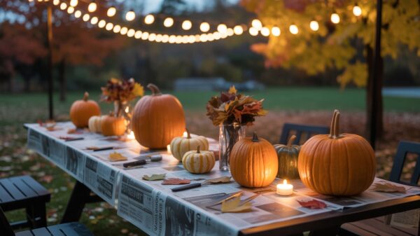 Pumpkin Carving Contest outdoor table at dusk with pumpkins lined down a linen runner, candles, and warm string lights in a cozy fall backyard.