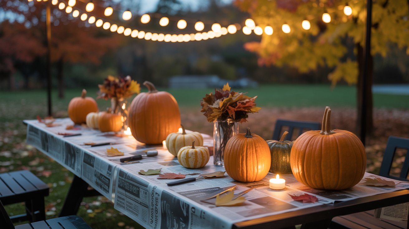 Pumpkin Carving Contest outdoor table at dusk with pumpkins lined down a linen runner, candles, and warm string lights in a cozy fall backyard.