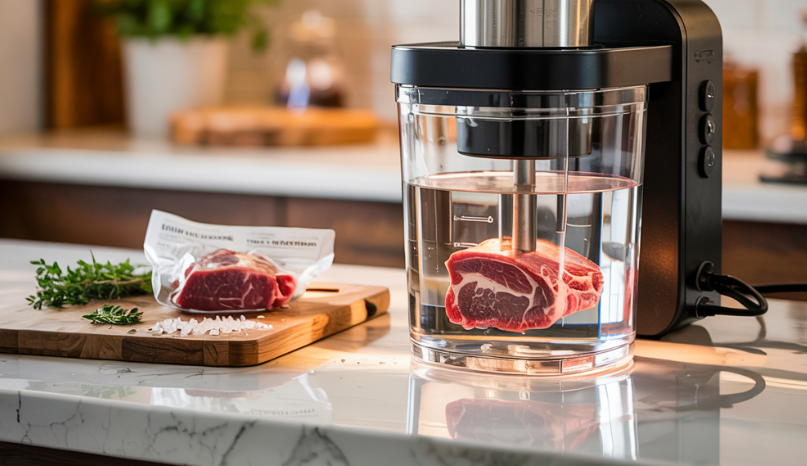 Sealed meat in water bath with sous vide device