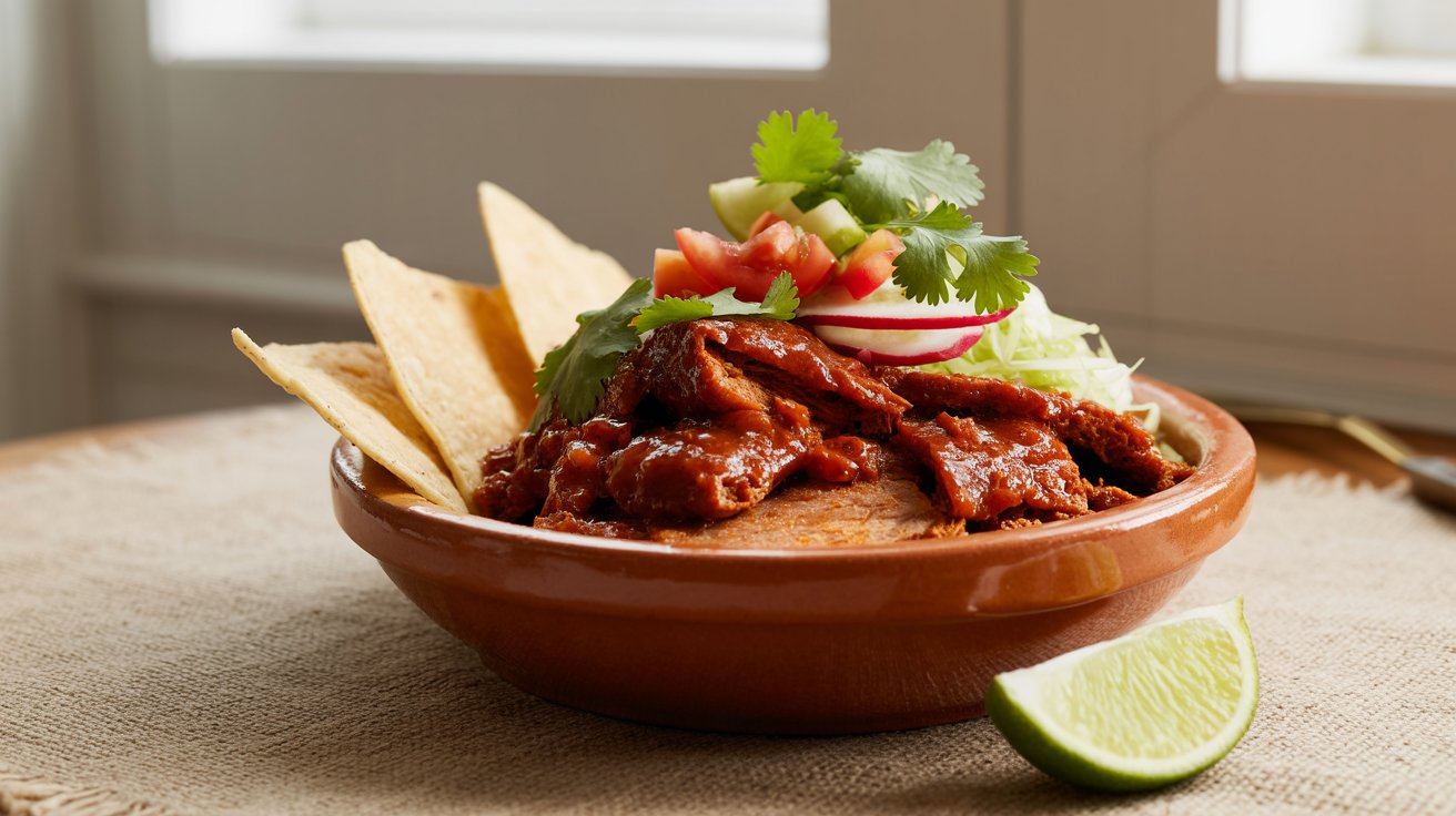 Terracotta bowl of spicy adobo pork roast topped with cilantro, tomatoes, and radish, with tortilla chips and a lime wedge.