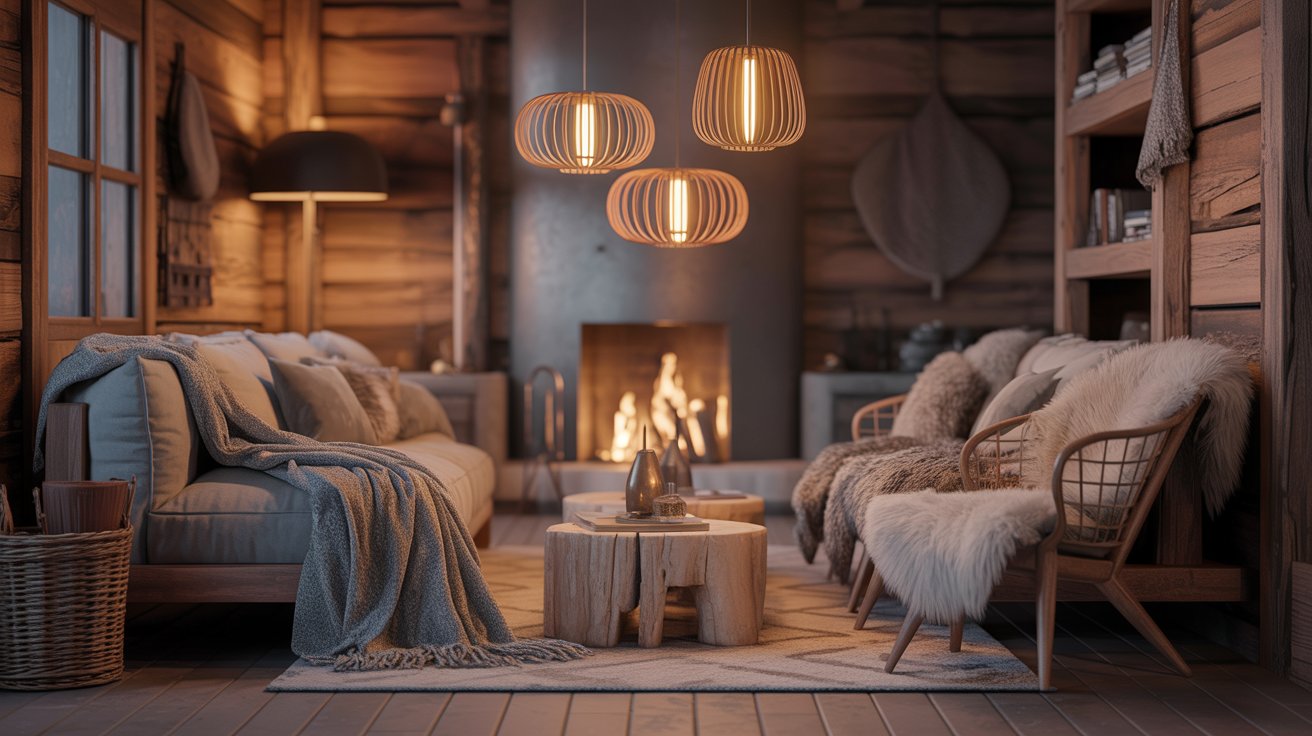Cozy hygge living room with glowing fireplace, sheepskin-covered chairs, and soft pendant lighting in a Scandinavian-style home.