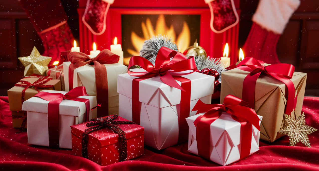 Red and white Christmas gifts with ribbons in front of a cozy fireplace for a holiday white elephant party.