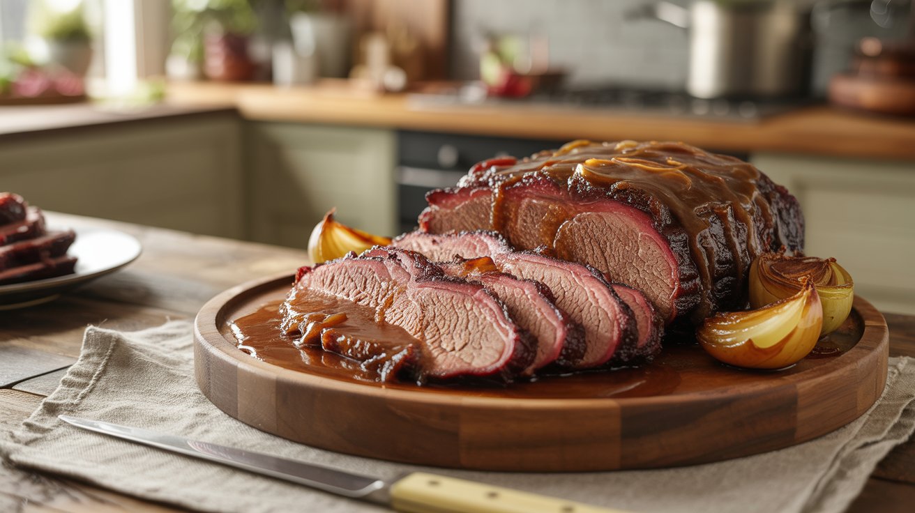 Graphic with the words Brisket Braised in Coffee over a close up of sliced brisket.