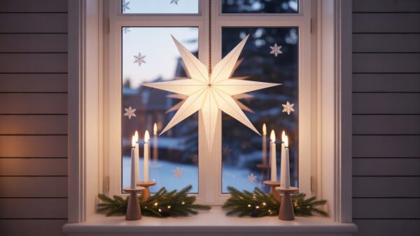 A Scandinavian Christmas window decorated with candles.