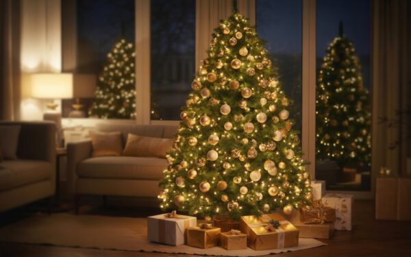 A beautifully decorated artificial Christmas tree with warm white lights and gold ornaments in a cozy living room, surrounded by wrapped presents.