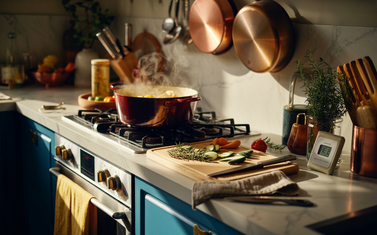 Cozy kitchen with cooking ingredients.