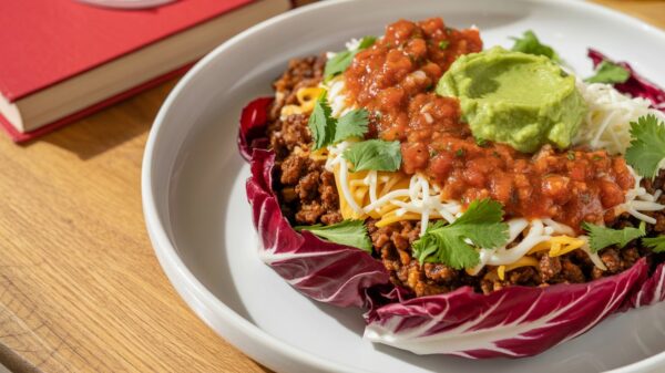 Healthy burrito bowl with ground beef, lettuce, cheese, salsa, sour cream, and guacamole in a white bowl