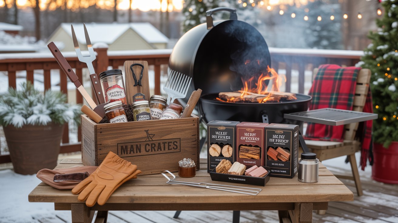 Christmas gift basket for men with grilling tools, BBQ spices, wood chips, and leather gloves displayed on an outdoor table beside a lit grill in winter.