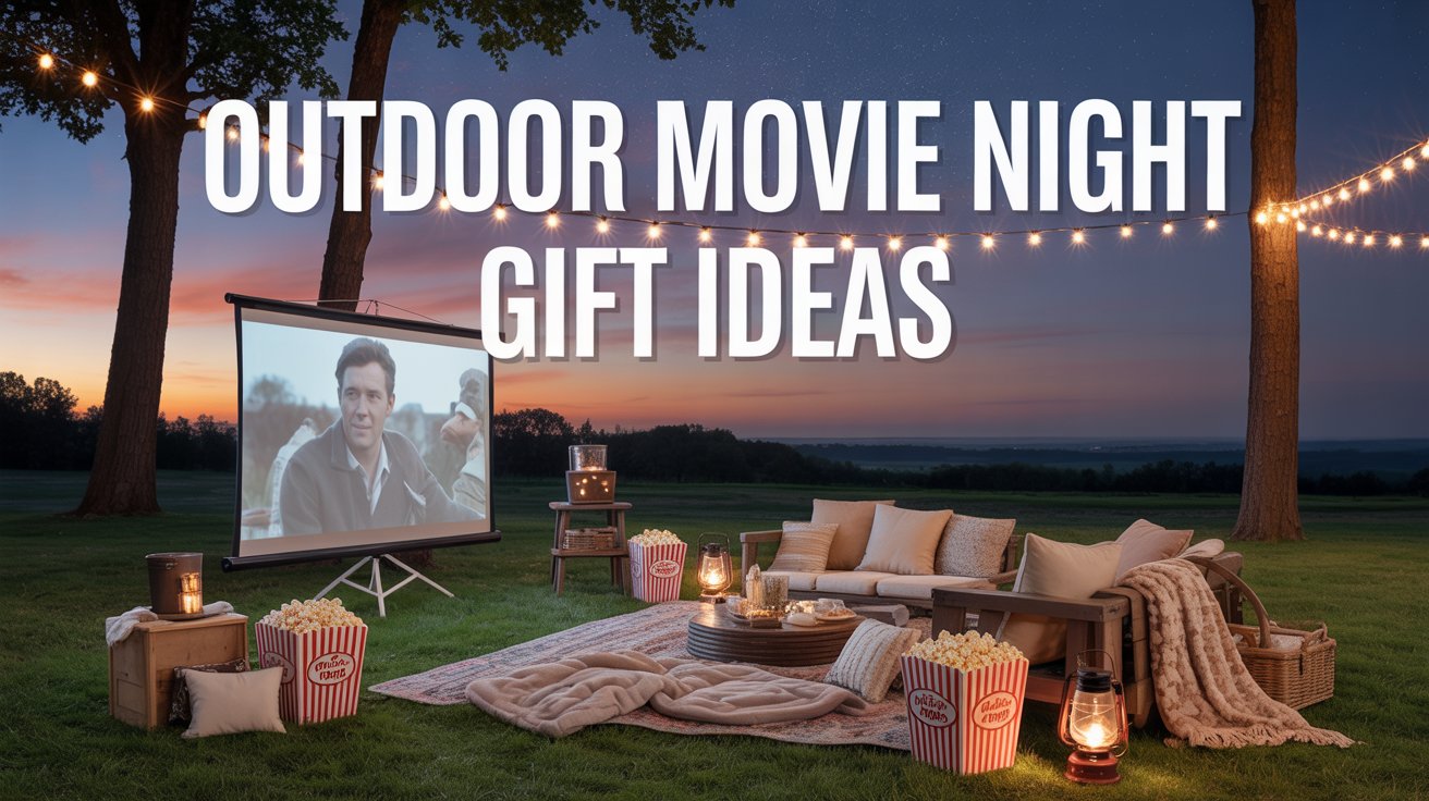 Outdoor movie night setting with text that reads "outdoor moive night gift ideas".